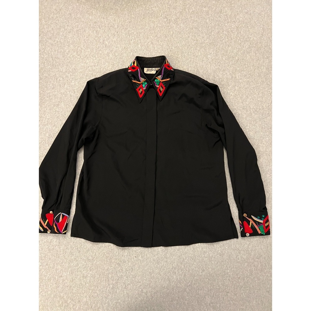 Yves St Clair Blouse Women's 14 XL Black Embellished Art Deco Collar 80s Vintage